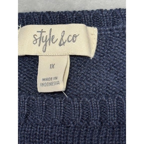 Style & Co Womens size 1X Navy Ribbed Trim Long Sleeve Sweater - Picture 2 of 16